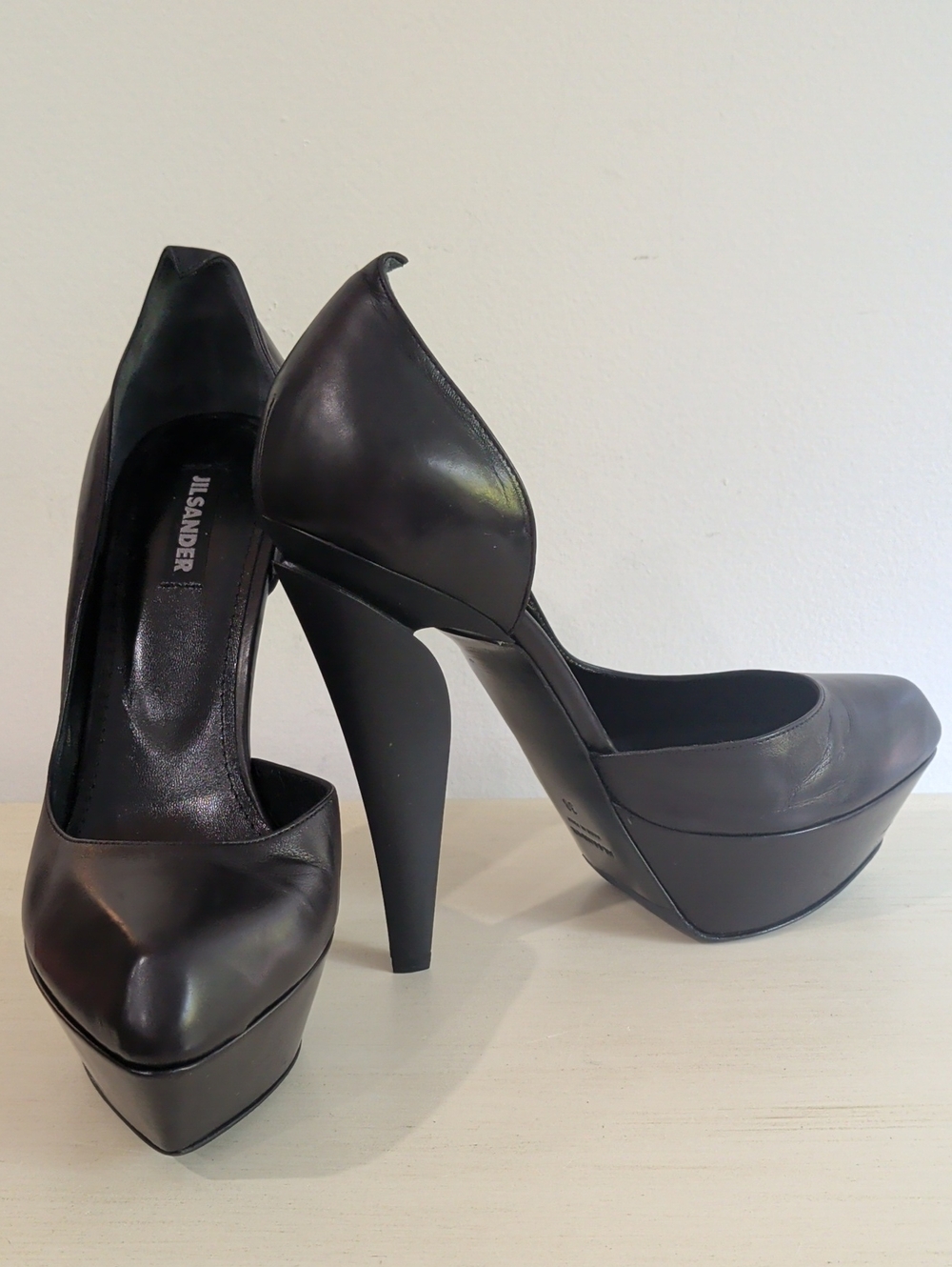 Jil Sander Black Leather Platform D'Orsay Pumps Sleek High Heel Size 38